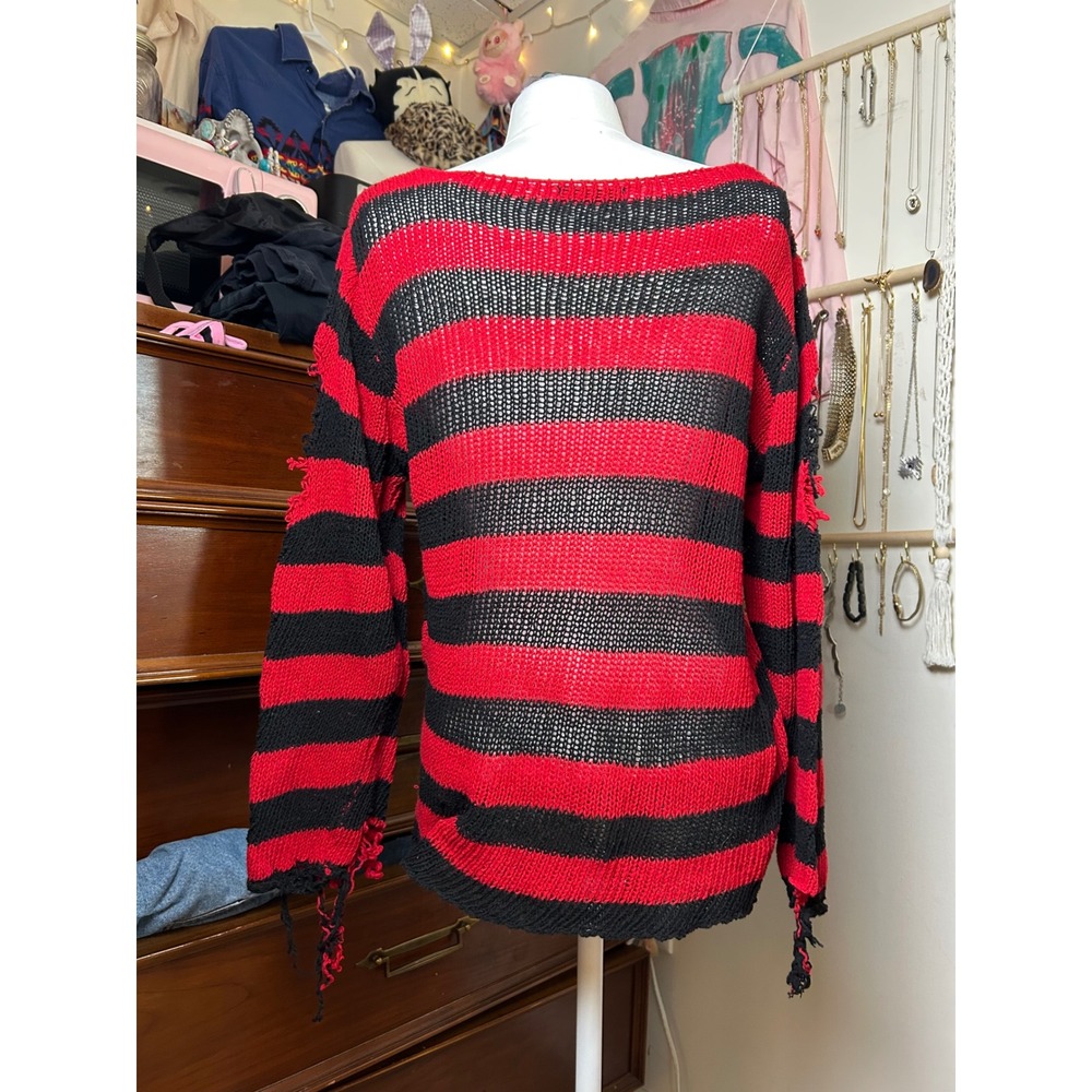 SHEIN Red Black Striped Distressed Loose Knit Punk Grunge Sweater Womens Small - Picture 3 of 6